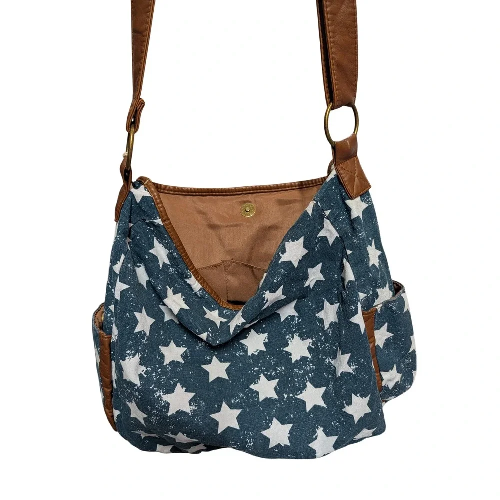 T-Shirt & Jeans Womens Star Print Canvas Hobo Bag Blue Brown Faux Leather Trim